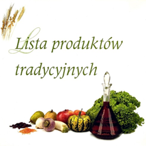 Warzywa oraz szklana karafka z czerwonym płynem pod napisem "Lista Produktów Tradycyjnych"