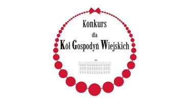 logo konkursu, czerwony sznur korali na białym tle, w środku napis czarnymi literami: konkurs dla kół gospodyń wiejskich, poniżej miniaturka pałacu prezydenckiego