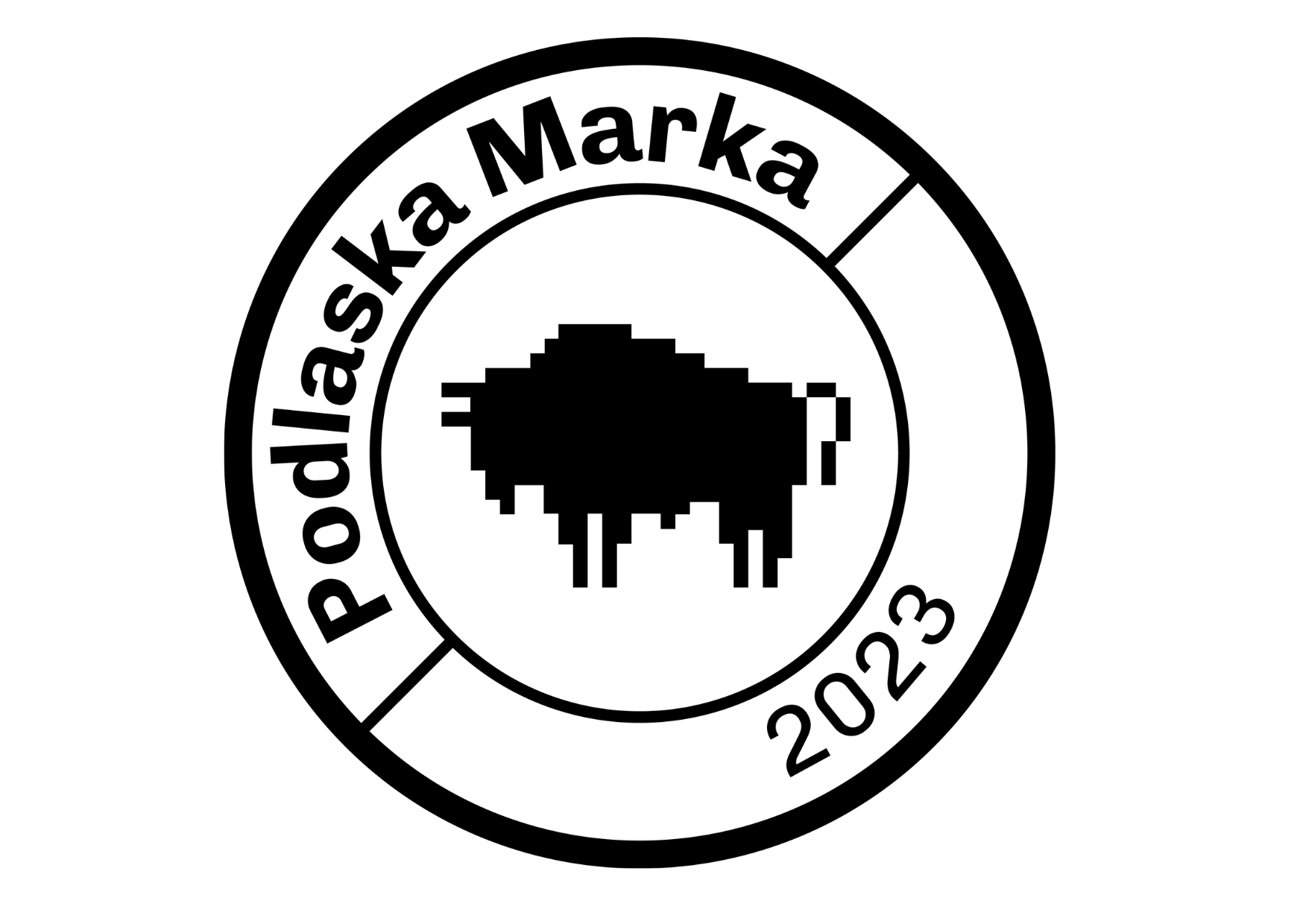 Logo Podlaskiej Marki 2023, czarny żubr w okręgu na białym tle i napis Podlaska Marka 2023