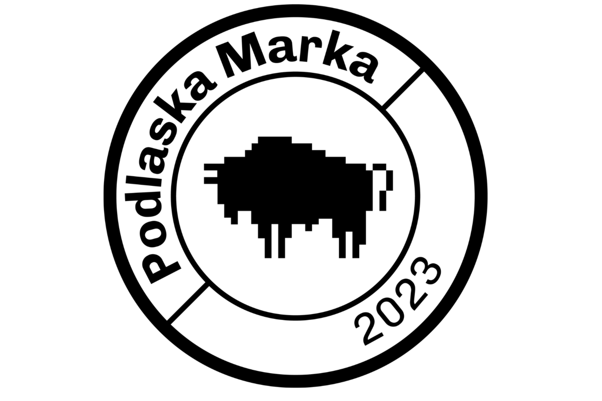 Logo Podlaskiej Marki 2023, czarny żubr w okręgu na białym tle i napis Podlaska Marka 2023
