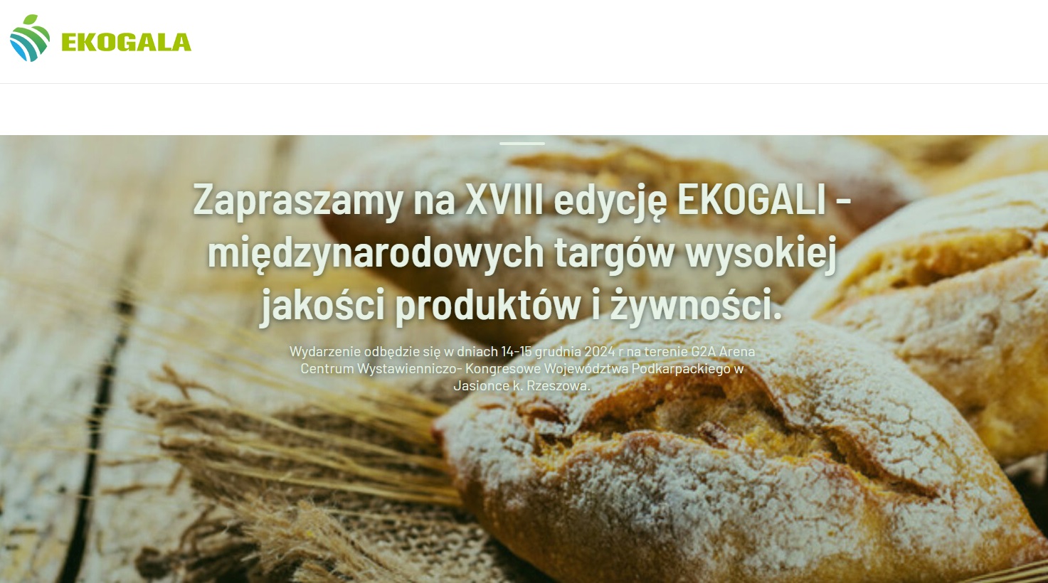 Fragment strony organizatora Ekogali, zawiera tekst zaproszenia dostępny w artykule, napisy na tle chleba